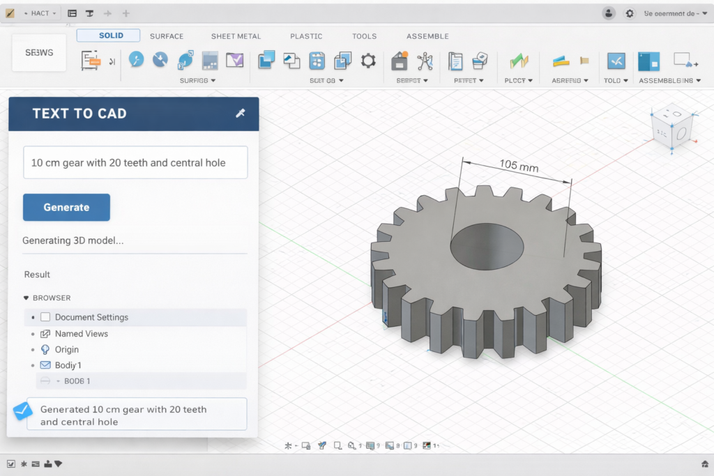 Text-to-CAD AI software interface showing a natural language prompt input field and the resulting 3D CAD model geometry