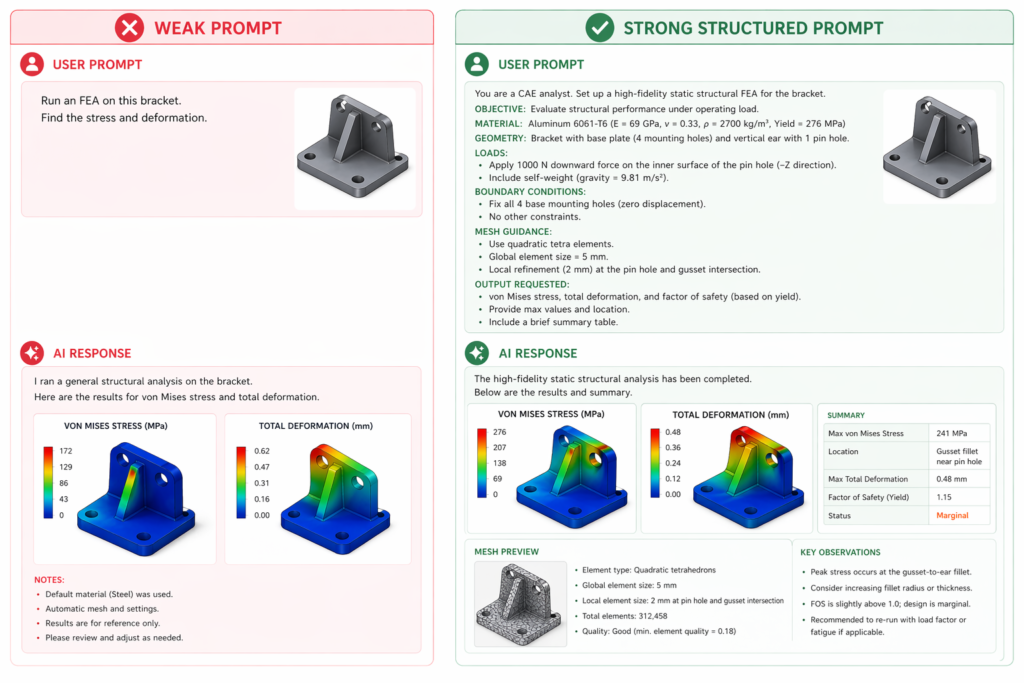 AI prompts for FEA analysis comparison weak vs strong structural simulation prompt example