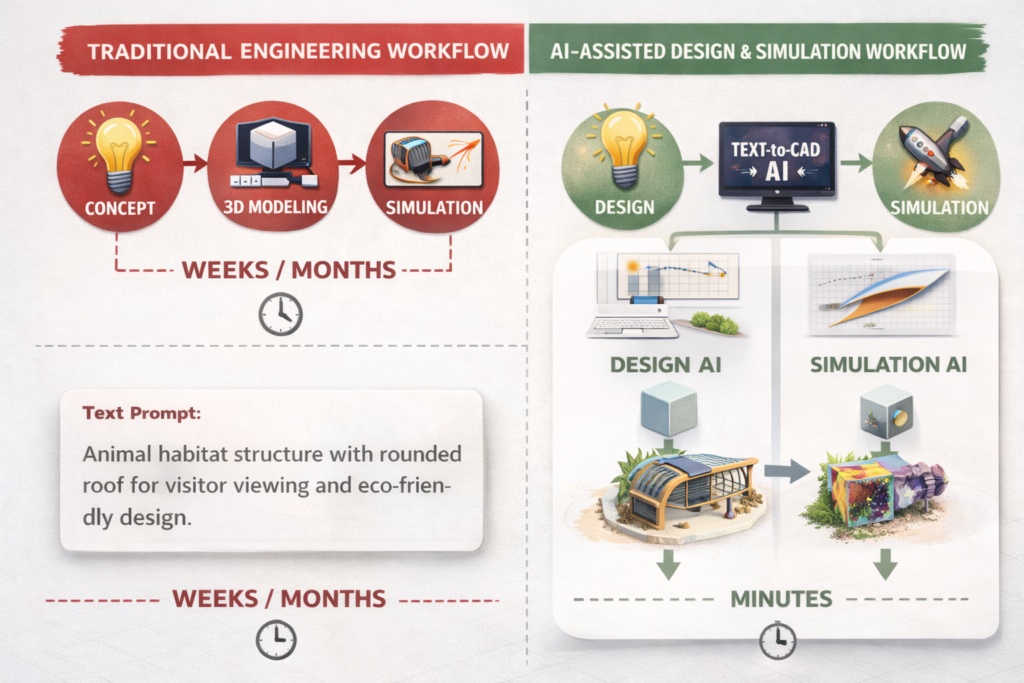 AI-assisted design and simulation workflow vs traditional mechanical engineering process comparison by Simutecra