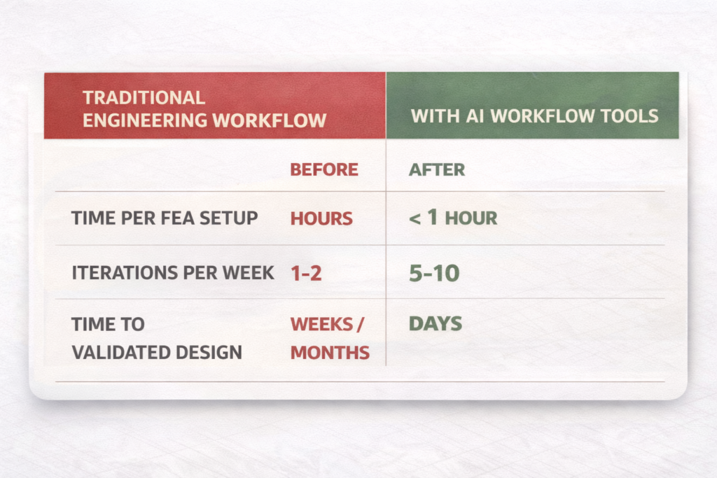 AI workflow mechanical engineering before and after KPI comparison FEA simulation time savings 2026