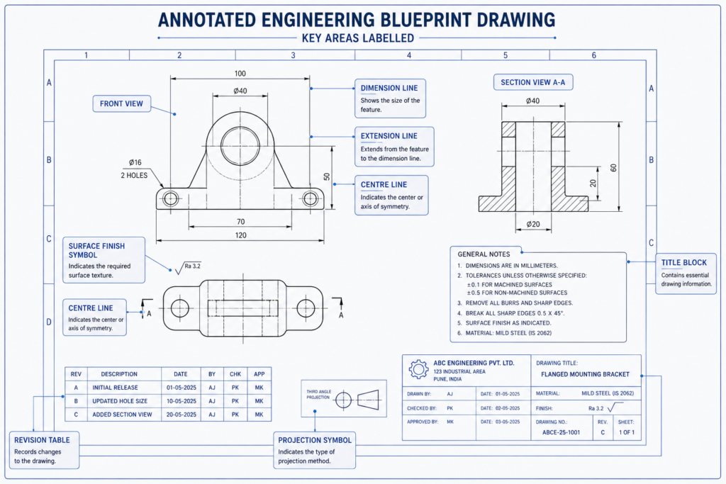 Annotated Engineering Blueprint Drawing with Key Areas Labelled
