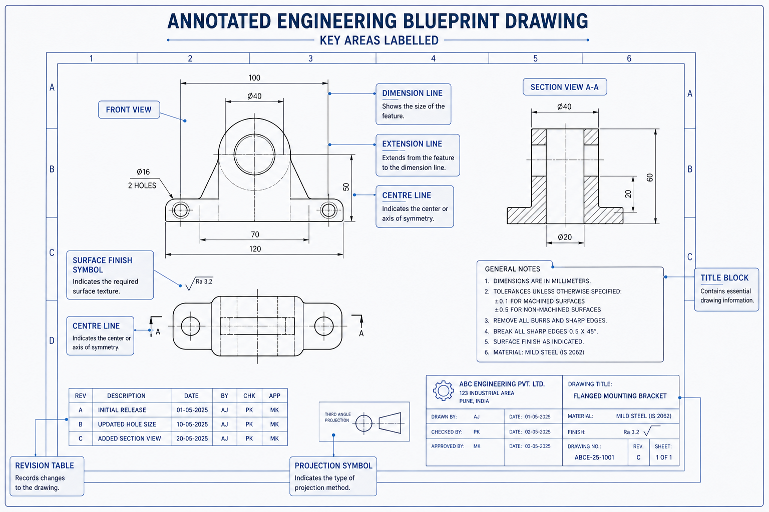 Annotated Engineering Blueprint Drawing with Key Areas Labelled by Simutecra