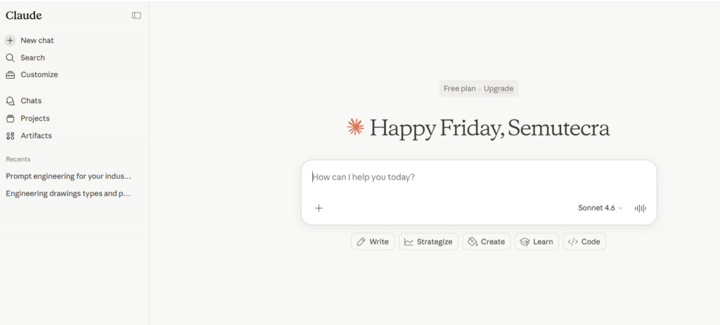 Claude AI chat interface by Anthropic showing a structured prompt input and response