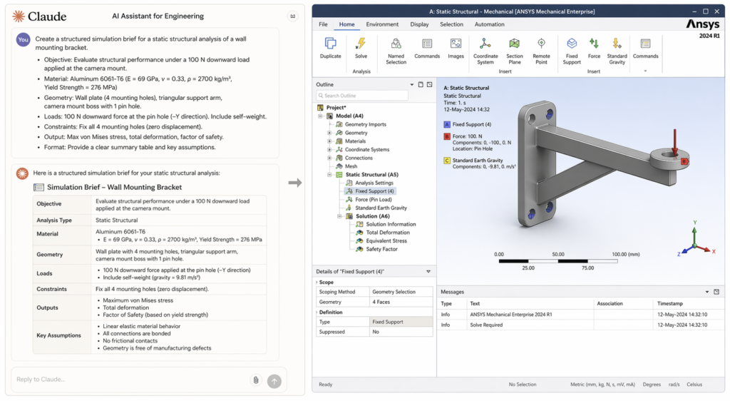 Claude AI for engineering simulation workflow, Claude chat prompt with Ansys Mechanical simulation setup side by side