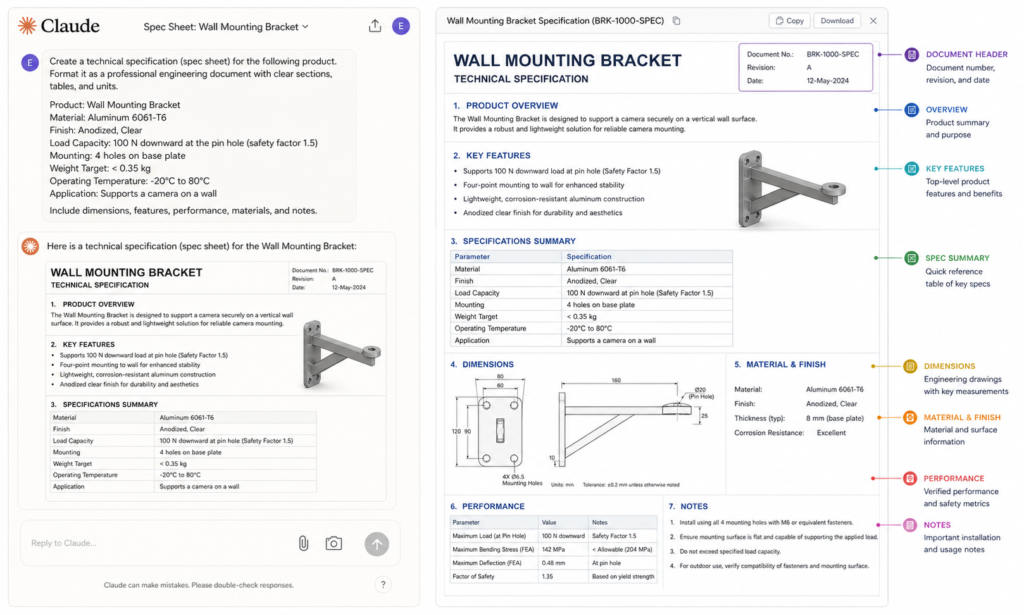 Claude AI for technical documentation prompt example generating engineering spec sheet with structured output