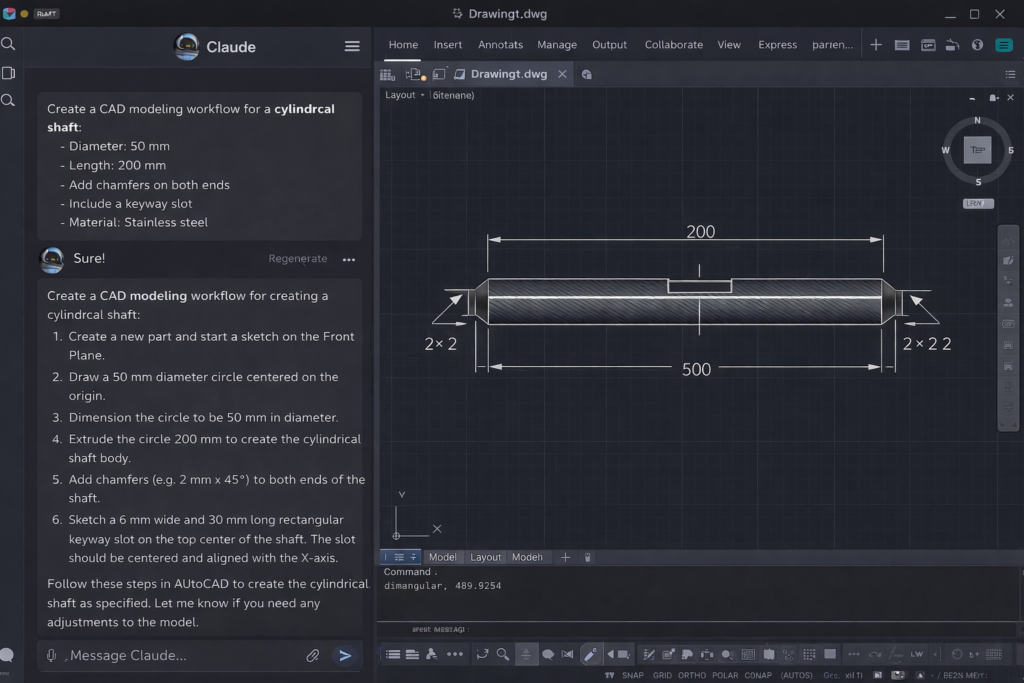 Step-by-step workflow using Claude AI alongside AutoCAD for mechanical CAD drafting