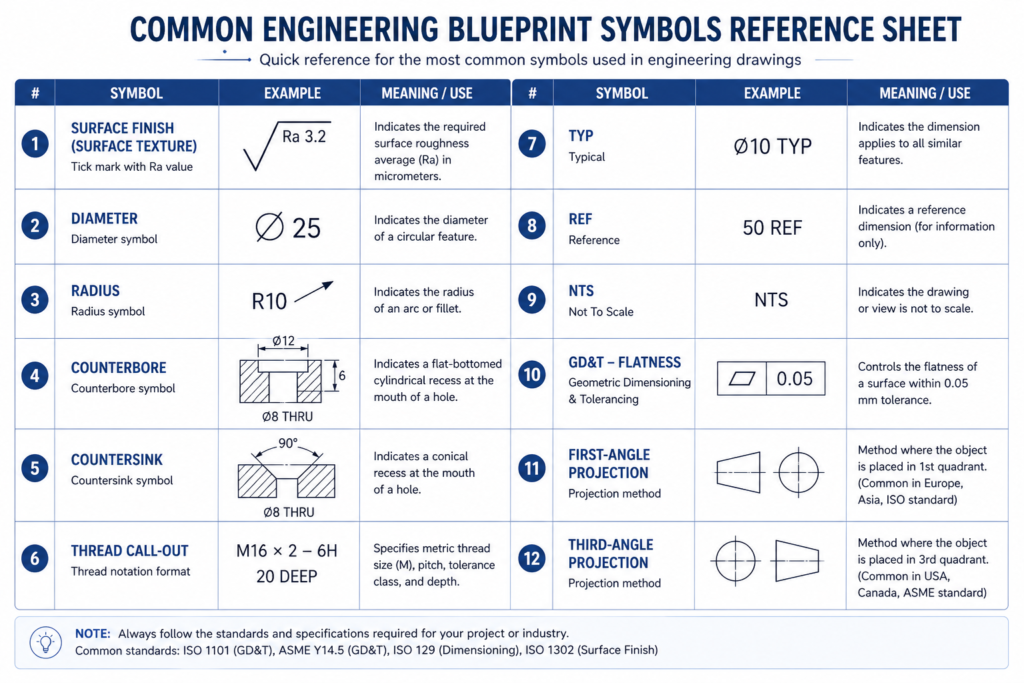 Common Engineering Blueprint Symbols Reference Sheet