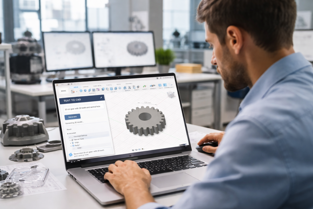 Engineer using AI-assisted CAD tools at a workstation, with design software and AI interface visible on screen