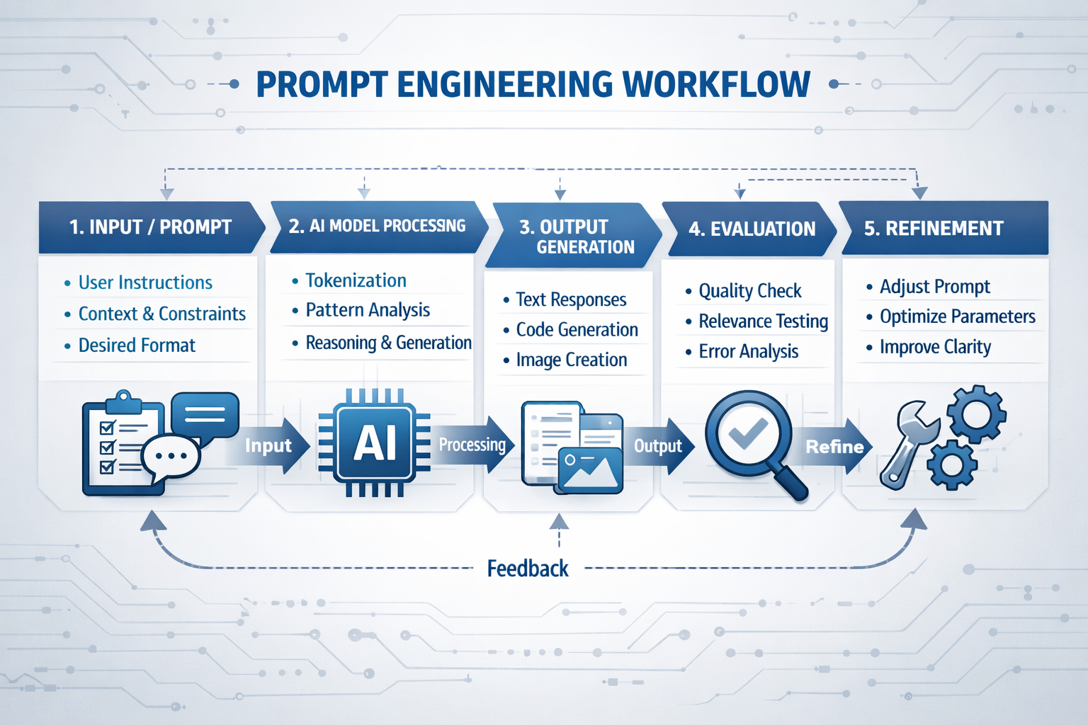 Diagram illustrating the prompt engineering workflow: structured input to AI model producing a specific technical output