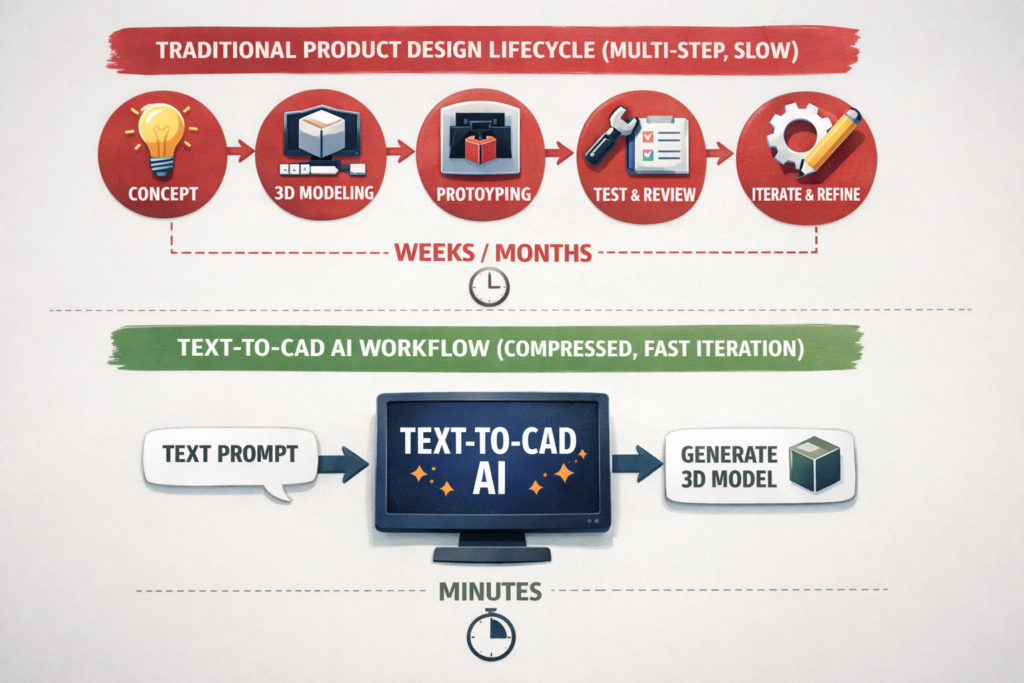 Text-to-CAD AI workflow vs traditional CAD product design process comparison 2026