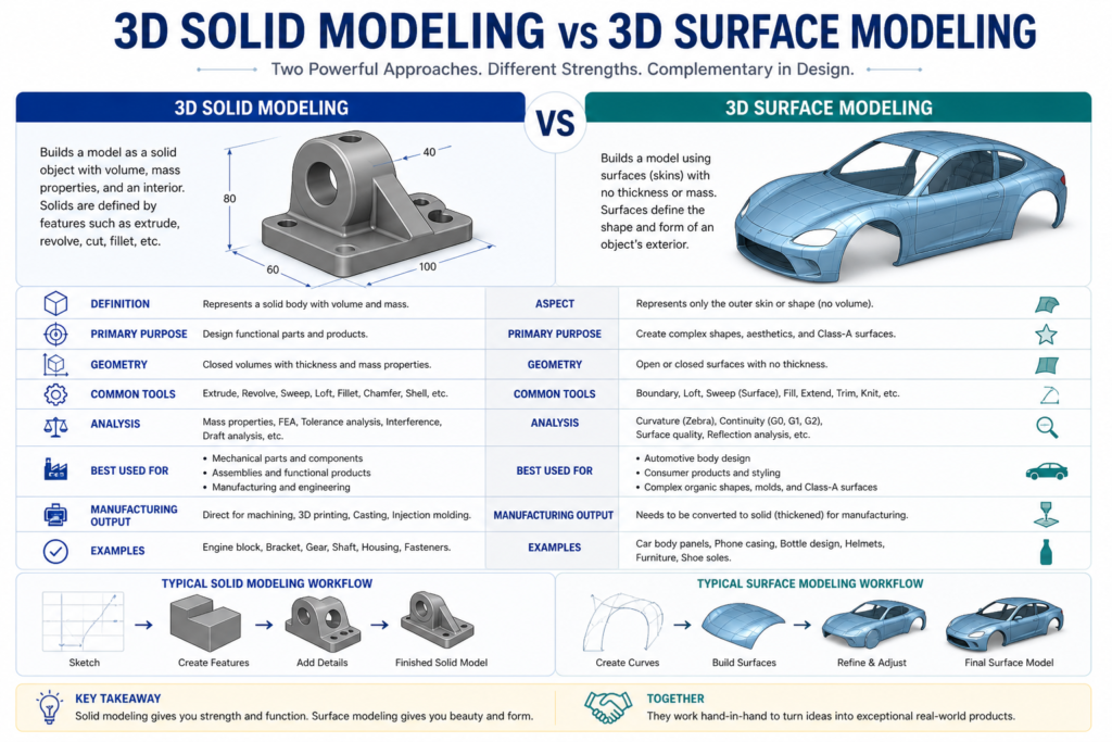 3d solid modeling vs 3d surface modeling in engineering drafting