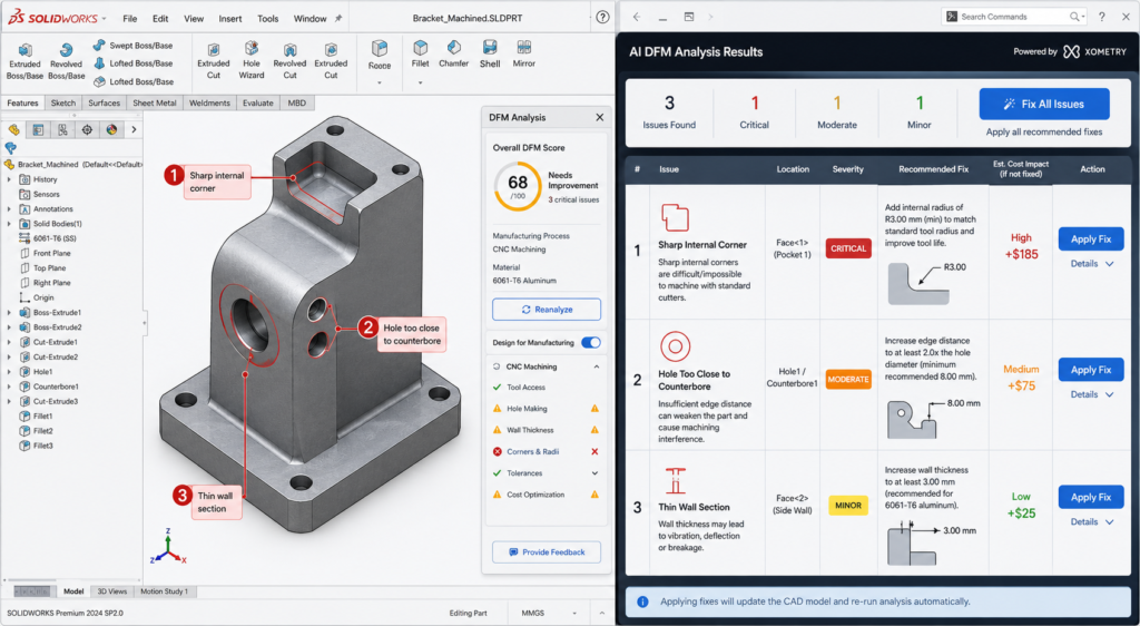 AI DFM Analysis Interface Real-Time Feedback on CAD Model