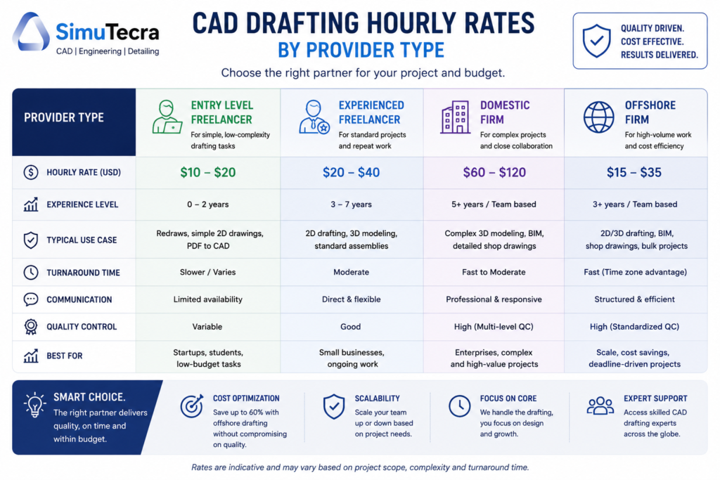 Bar chart comparing CAD drafting hourly rates by provider type from entry-level freelancers to domestic firms in 2026