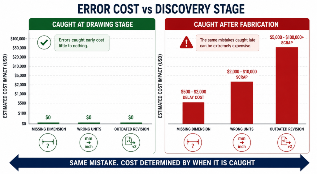 Error Cost vs Discovery Stage Before and After Bar Chart Common CAD Drafting Mistakes