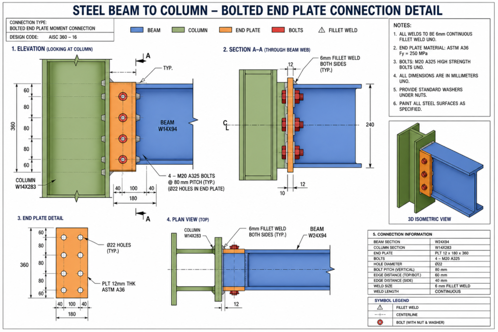 A typical structural steel shop drawing package, the fabrication document that turns engineering design into build-ready instructions.