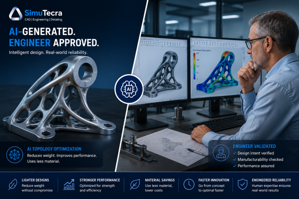 Engineer reviewing AI-generated topology-optimized component in CAD software, illustrating the human-AI collaboration model in 2026 engineering design