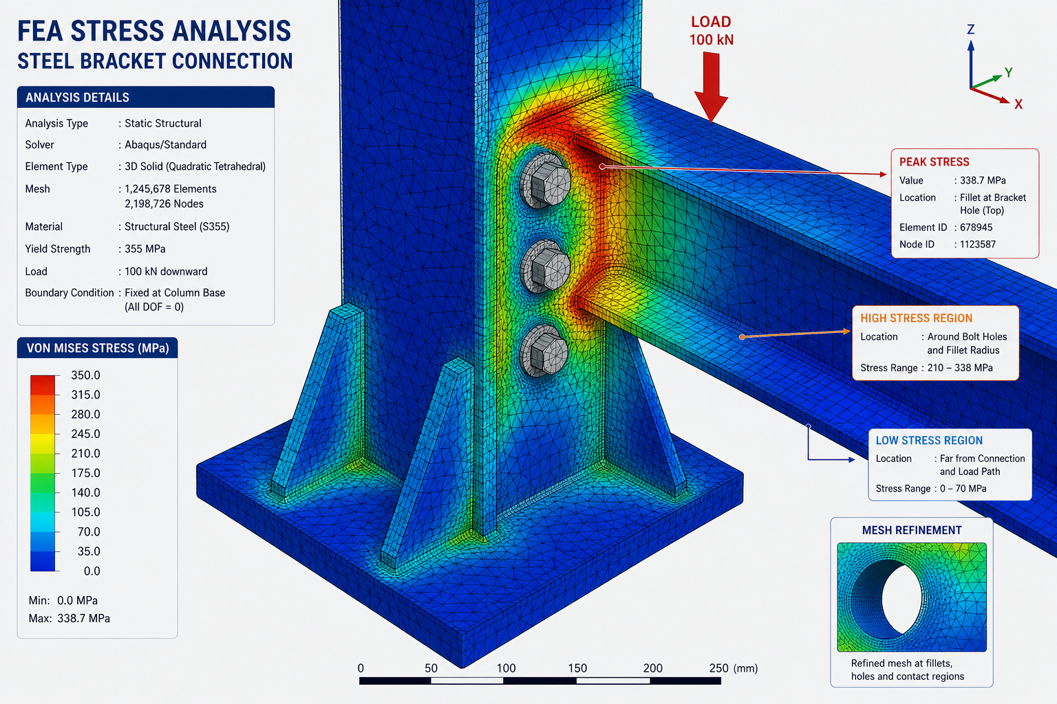 FEA Stress Result on a Steel Connection with Mesh Visible