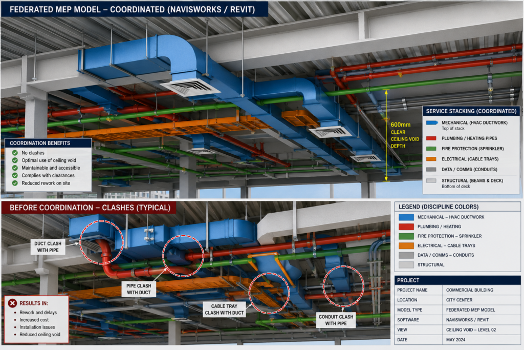 Federated MEP Model Showing All Disciplines in a Ceiling Void