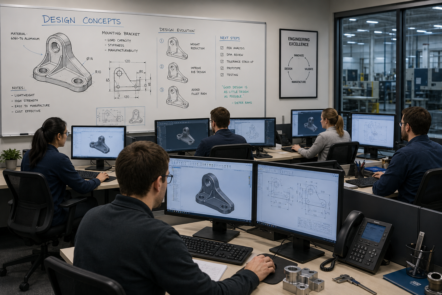 'In-house CAD drafting team working at dual-monitor workstations with technical drawings displayed