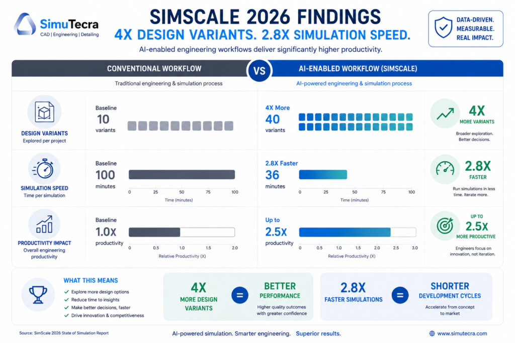 Infographic showing SimScale 2026 data AI-enabled engineering teams generate 4x more design variants and process simulation requests 2.8x faster than conventional teams