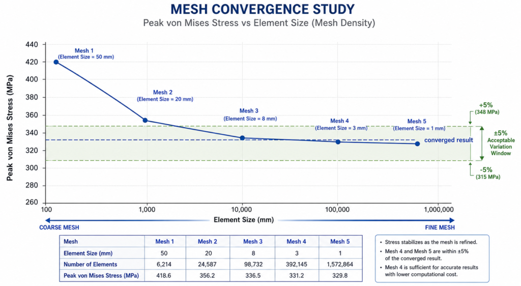 Mesh Convergence Study Graph Stress vs Element Size in FEA Analysis by simutecra