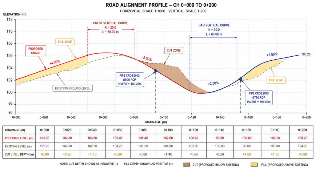 Civil 3D Profile View: Road Alignment with Existing and Proposed Ground Levels