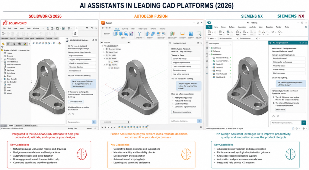 Side-by-side comparison of AI assistant interfaces in SolidWorks 2026, Autodesk Fusion, and Siemens NX showing copilot and generative design features