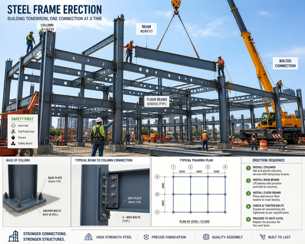 Structural steel building frame being erected on a construction site, with columns and beams assembled from shop-fabricated and marked steel members
