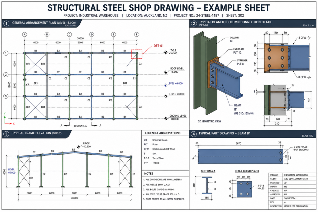 Structural steel shop drawing showing beam and column layout with member marks, dimensions, and connection references