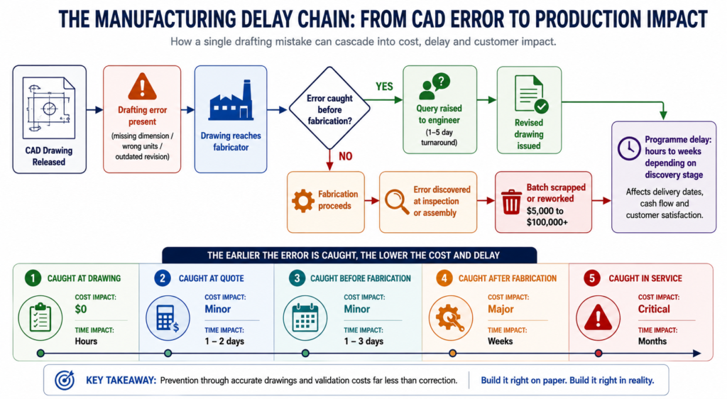 The Manufacturing Delay Chain From CAD Error to Production Impact which cause CAD Drafting Mistakes