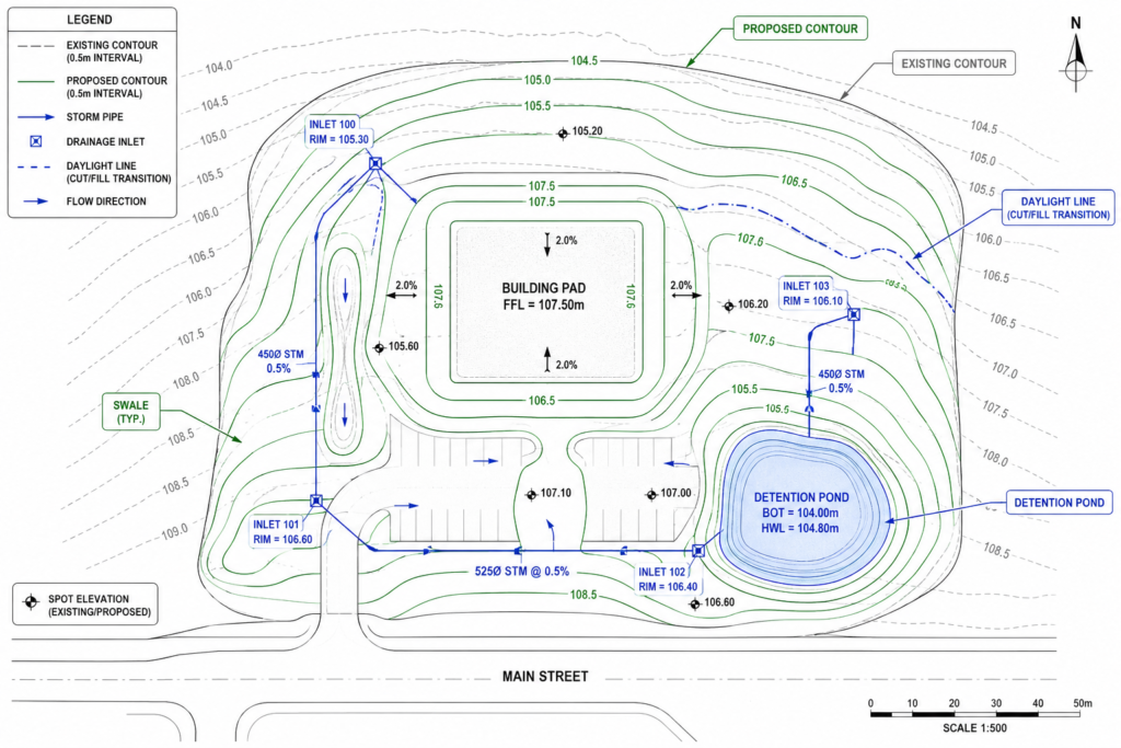 Engineering site plan with contours and drainage