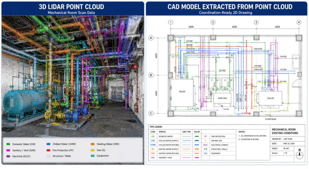 3D LiDAR point cloud of a mechanical room on the left and the resulting as-built CAD drawing produced from the scan on the right, showing sub-inch accuracy of laser-scanned as-built documentation