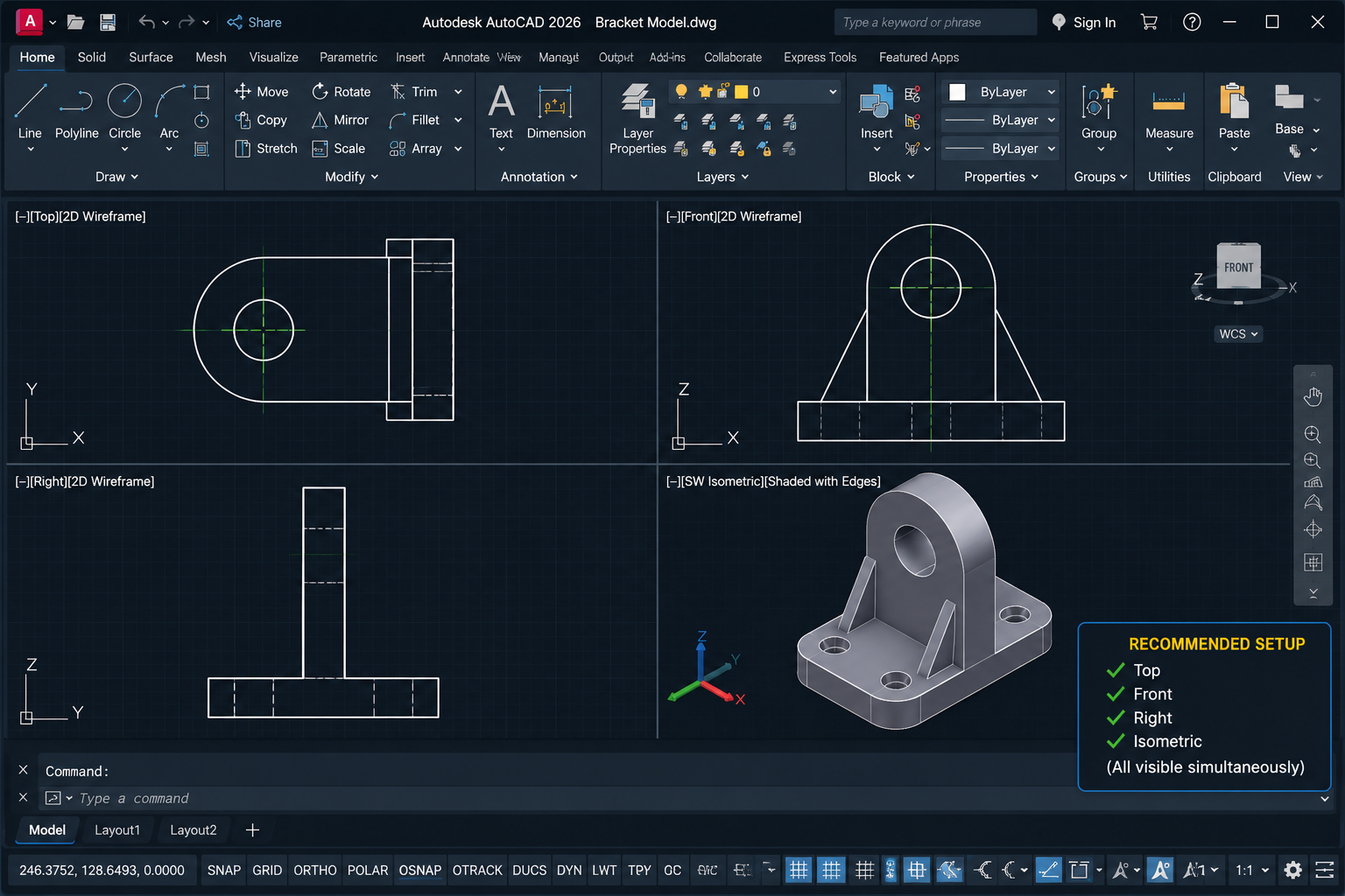AutoCAD 3D modelling four-viewport layout showing top, front, right, and isometric views of a 3D bracket model simultaneously
