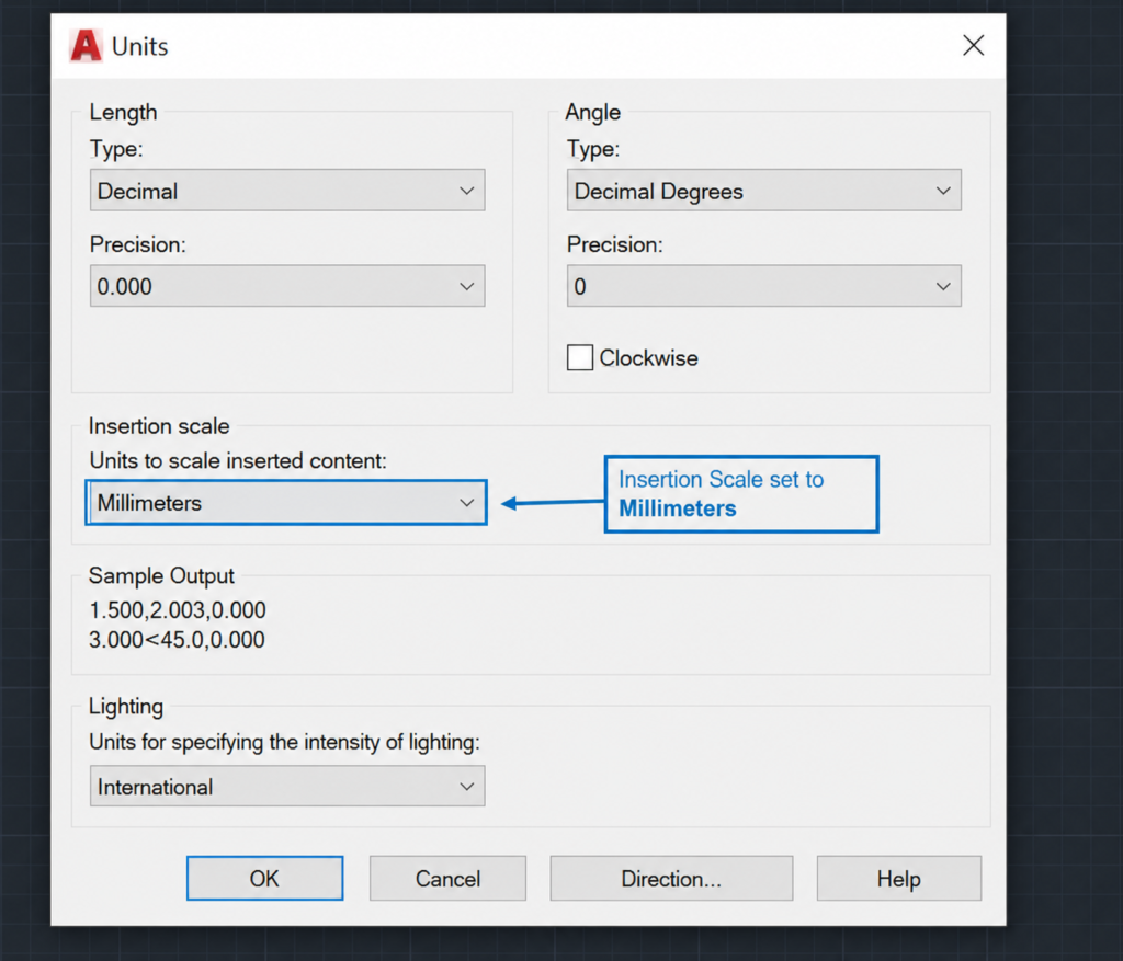 AutoCAD Drawing Units dialogue showing Insertion Scale set to Millimeters for correct DXF import unit verification