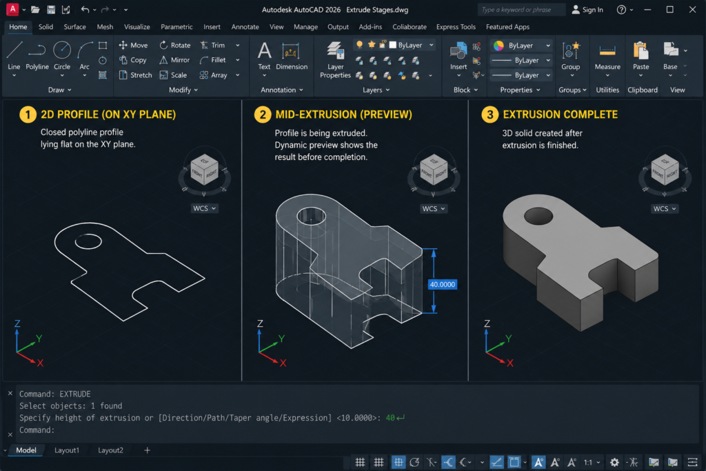 AutoCAD EXTRUDE workflow showing closed polyline profile, extrusion preview, and completed 3D solid in three stages
