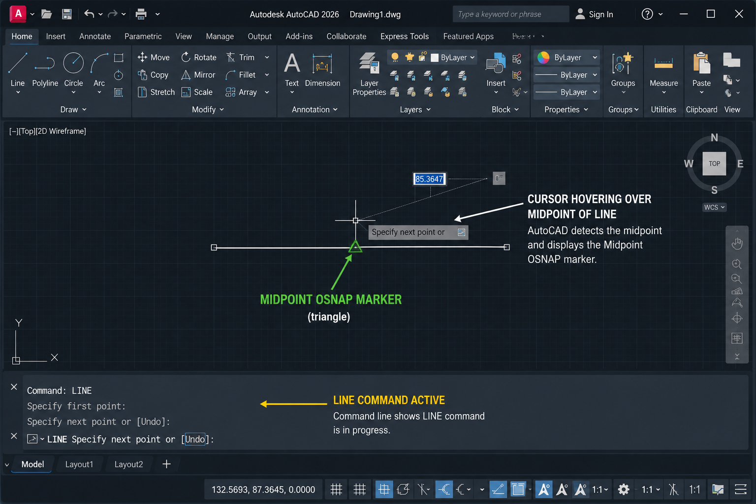 AutoCAD LINE command showing midpoint OSNAP triangle snap marker on a horizontal line for drawing a line from its midpoint