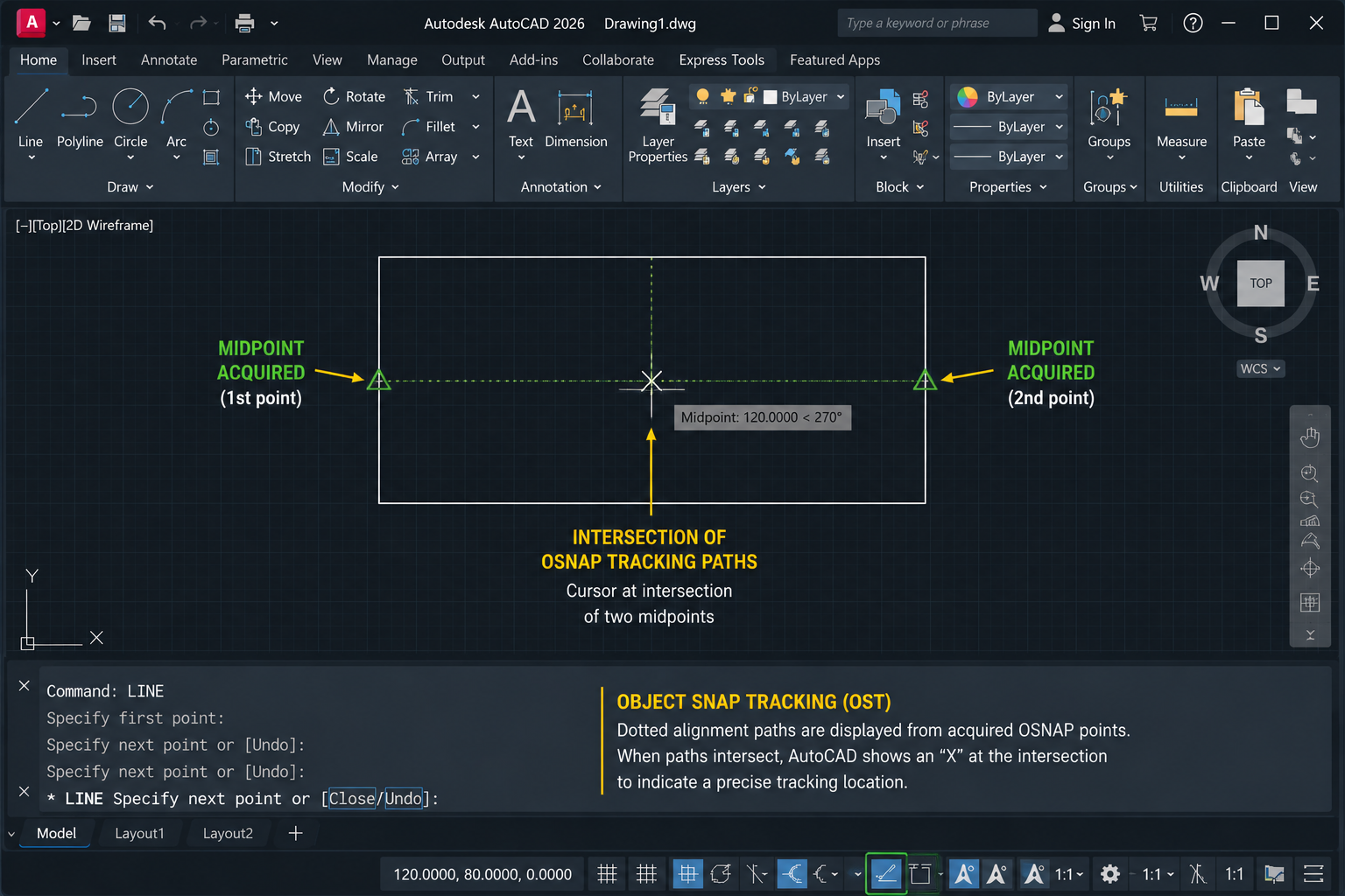 AutoCAD Object Snap Tracking showing intersection of two midpoint tracking paths at the geometric centre of a rectangle