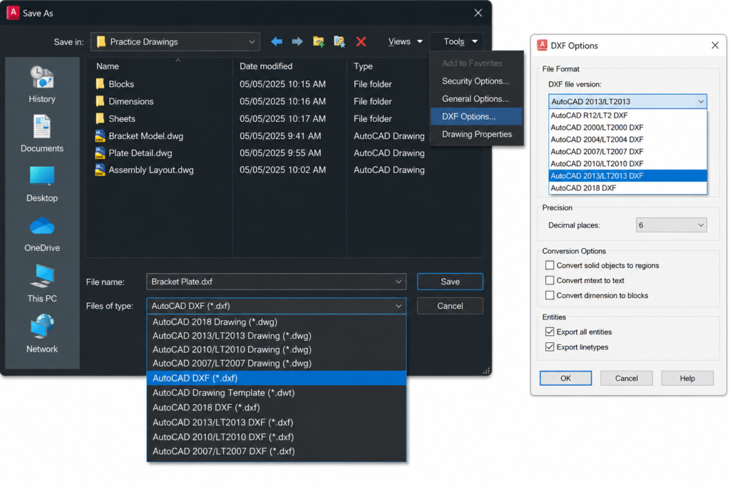 AutoCAD Save As dialogue showing DXF file type selected and DXF version R14 chosen in options for fabrication export
