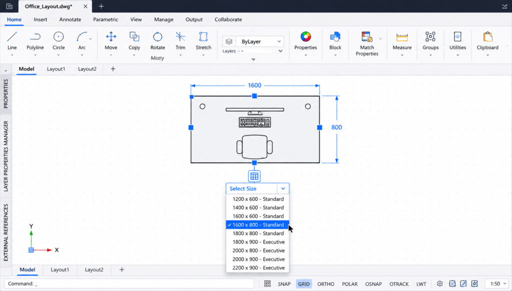 AutoCAD dynamic block with lookup table dropdown showing named desk configurations including L-shape options available for selection