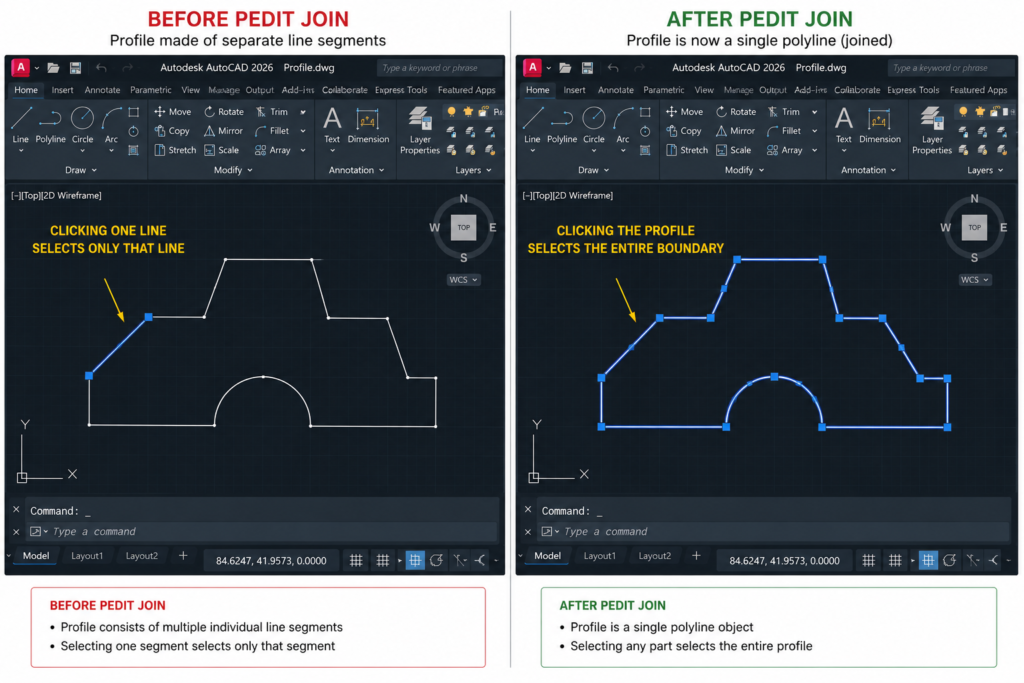 AutoCAD profile comparison showing separate line segments versus unified closed polyline after PEDIT Join for 3D extrusion