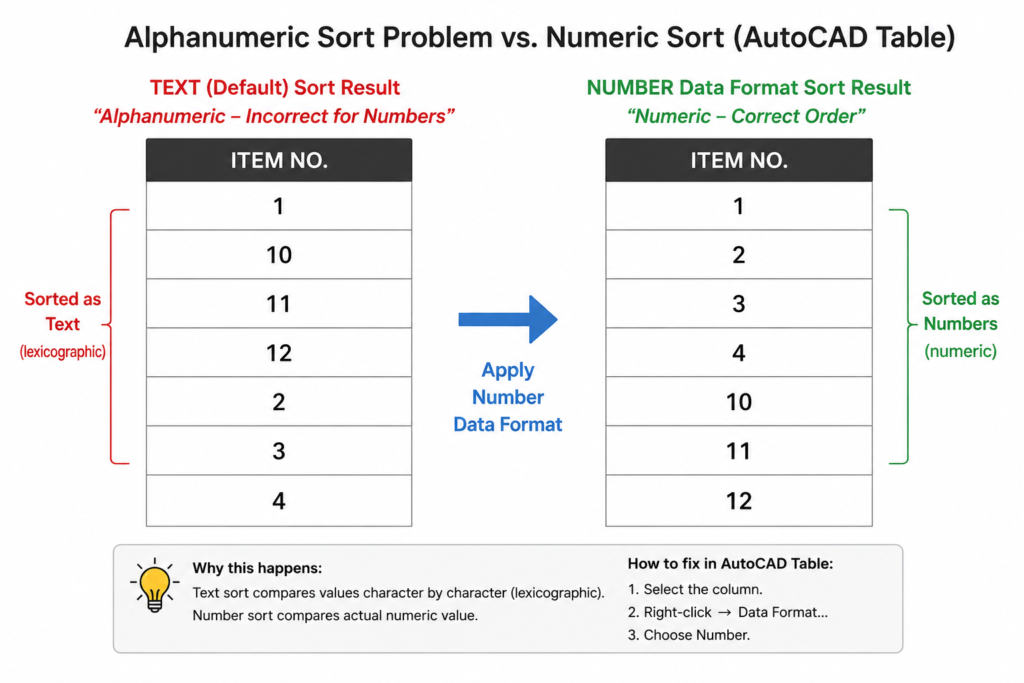 AutoCAD table sort comparison showing text sort producing 1 10 11 12 2 3 4 versus numeric sort producing 1 2 3 4 10 11 12 after Number data format applied