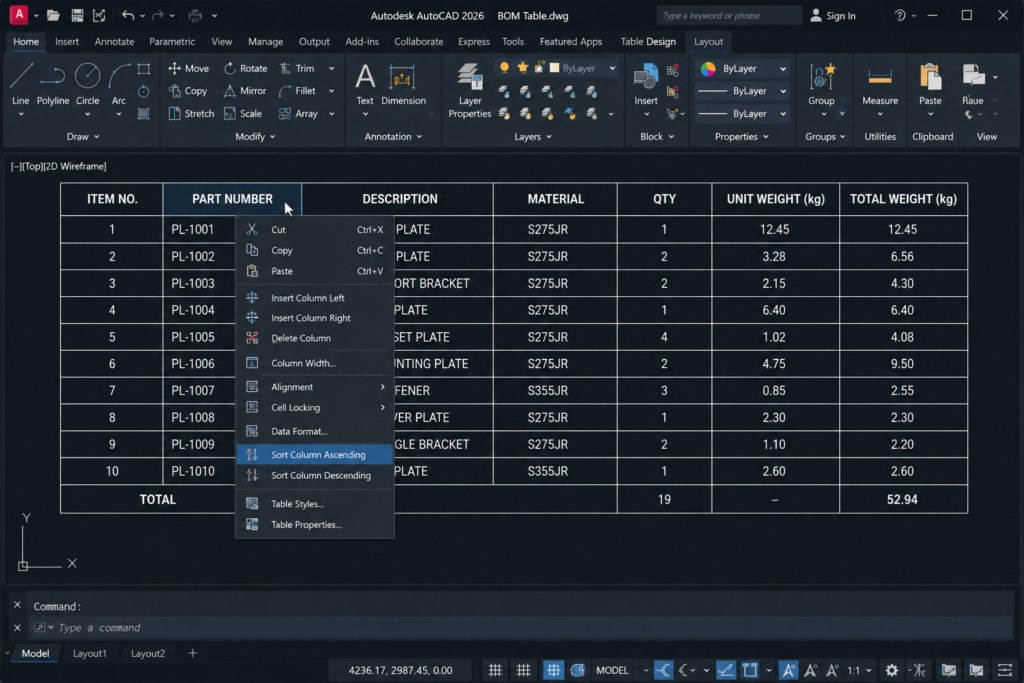 AutoCAD table with right-click context menu showing Sort Column Ascending option for built-in table sorting