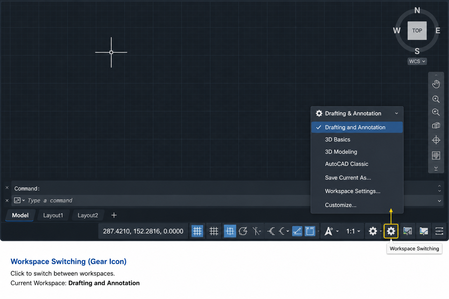 AutoCAD workspace switching gear icon in status bar with workspace dropdown showing Drafting and Annotation option highlighted