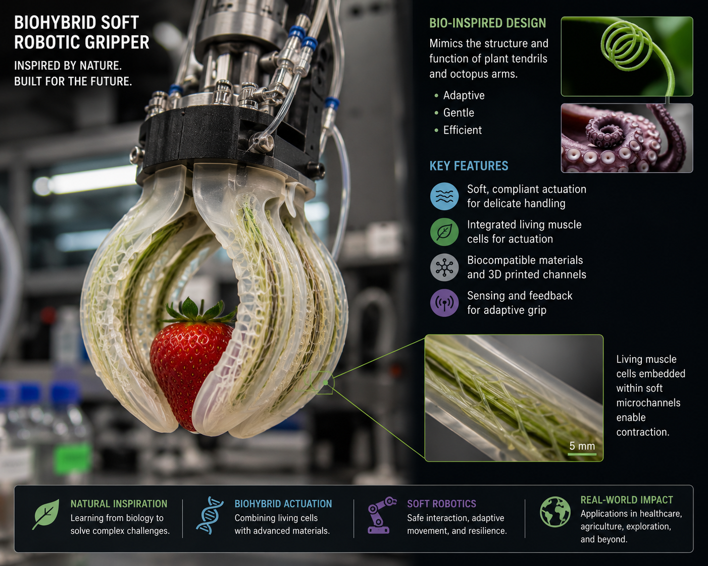 Bio-inspired soft robotic gripper based on biological design principles in a laboratory setting, representing the frontier of bio-inspired mechanical engineering