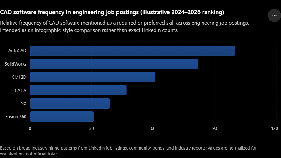 Bar chart showing CAD software frequency in engineering job postings 2026 with AutoCAD SolidWorks Fusion 360 CATIA NX and Civil 3D ranked by employer demand
