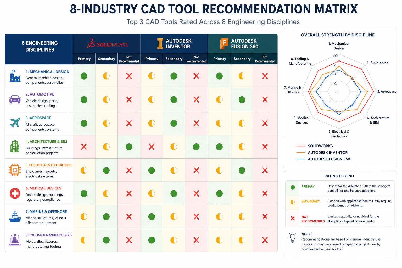 CAD software recommendation matrix for engineers by industry showing AutoCAD SolidWorks CATIA Fusion 360 NX suitability across 8 engineering disciplines