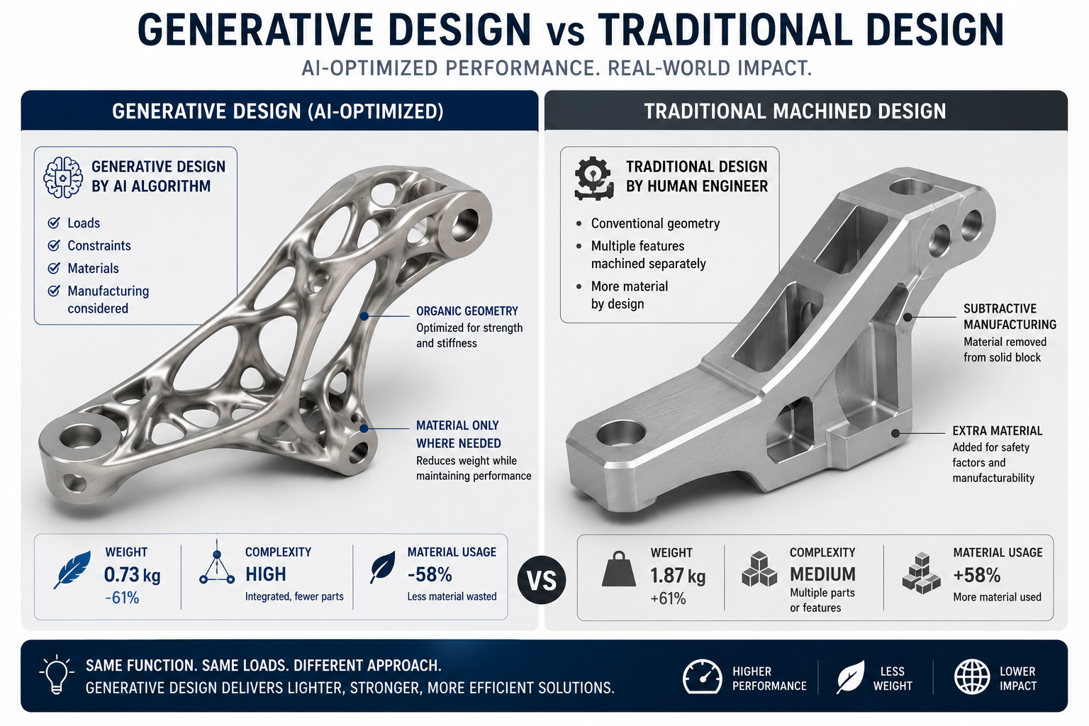 Comparison of AI generative design component versus traditional machined component showing weight reduction and geometric complexity in mechanical engineering
