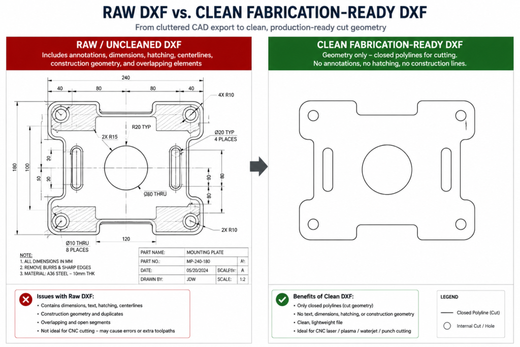 Comparison of raw AutoCAD drawing versus clean fabrication-ready DXF with only closed polyline cut profiles and no annotations