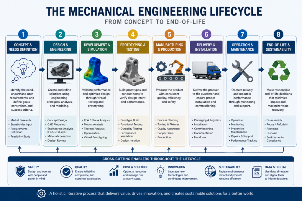 Diagram showing the mechanical engineering product development lifecycle from concept design to end of life