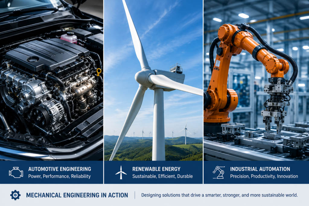 Examples of mechanical engineering applications including automotive, renewable energy, and robotics
